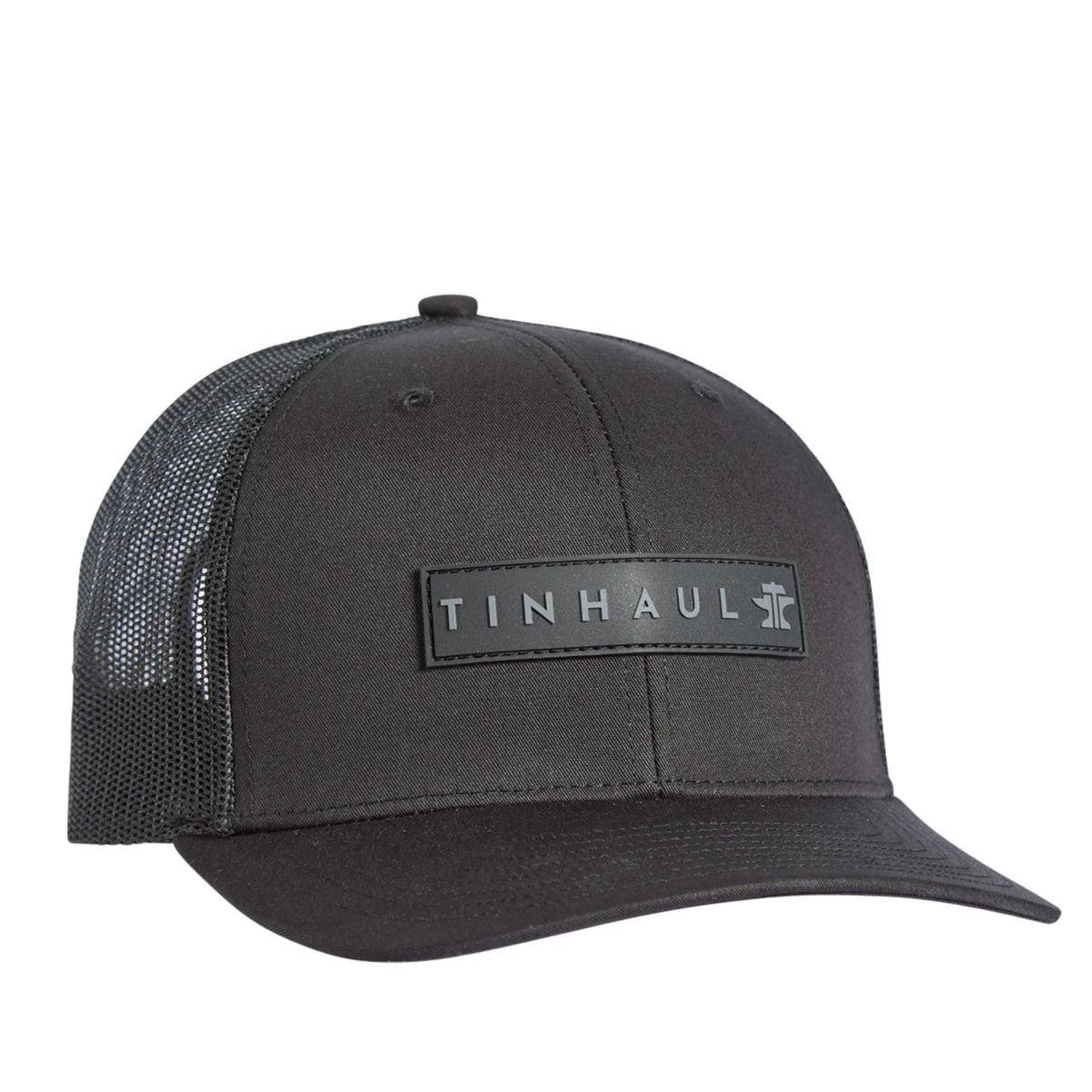 Black trucker cap with 'Tin Haul' logo on a white background
