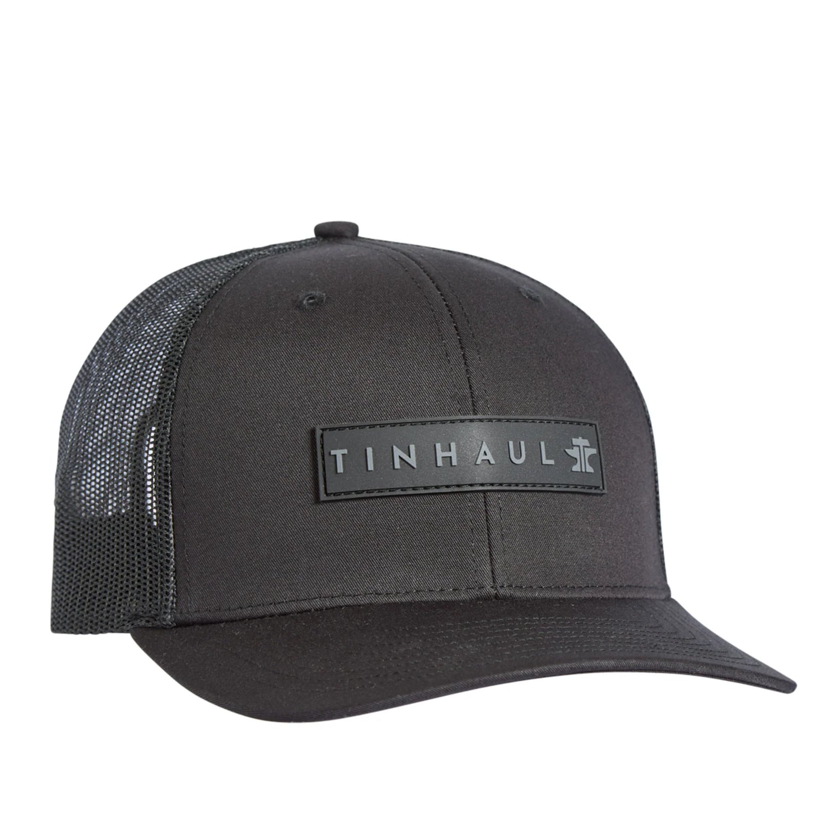 Black trucker cap with 'Tin Haul' logo on a white background