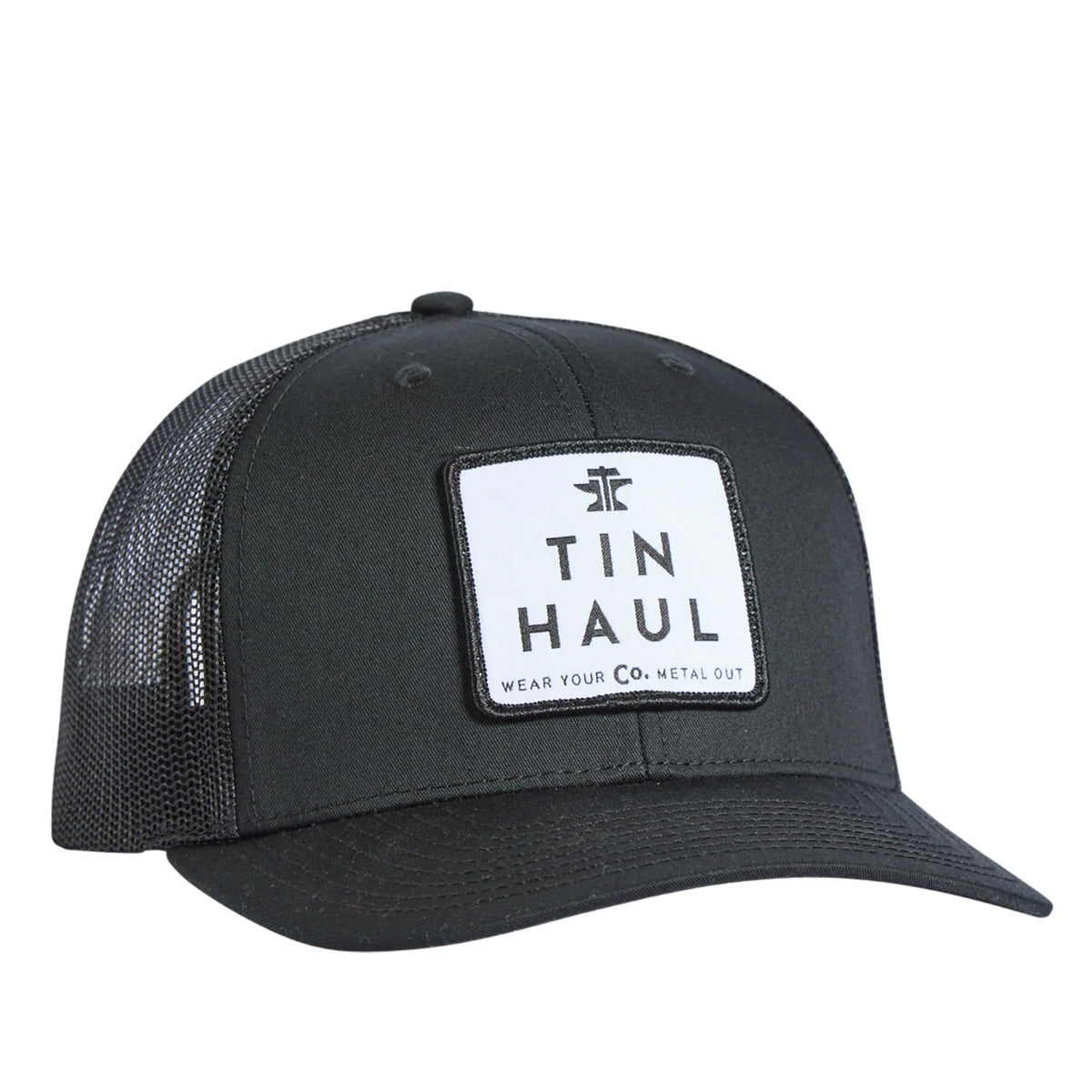 Black trucker cap with 'Tin Haul' logo on a white background
