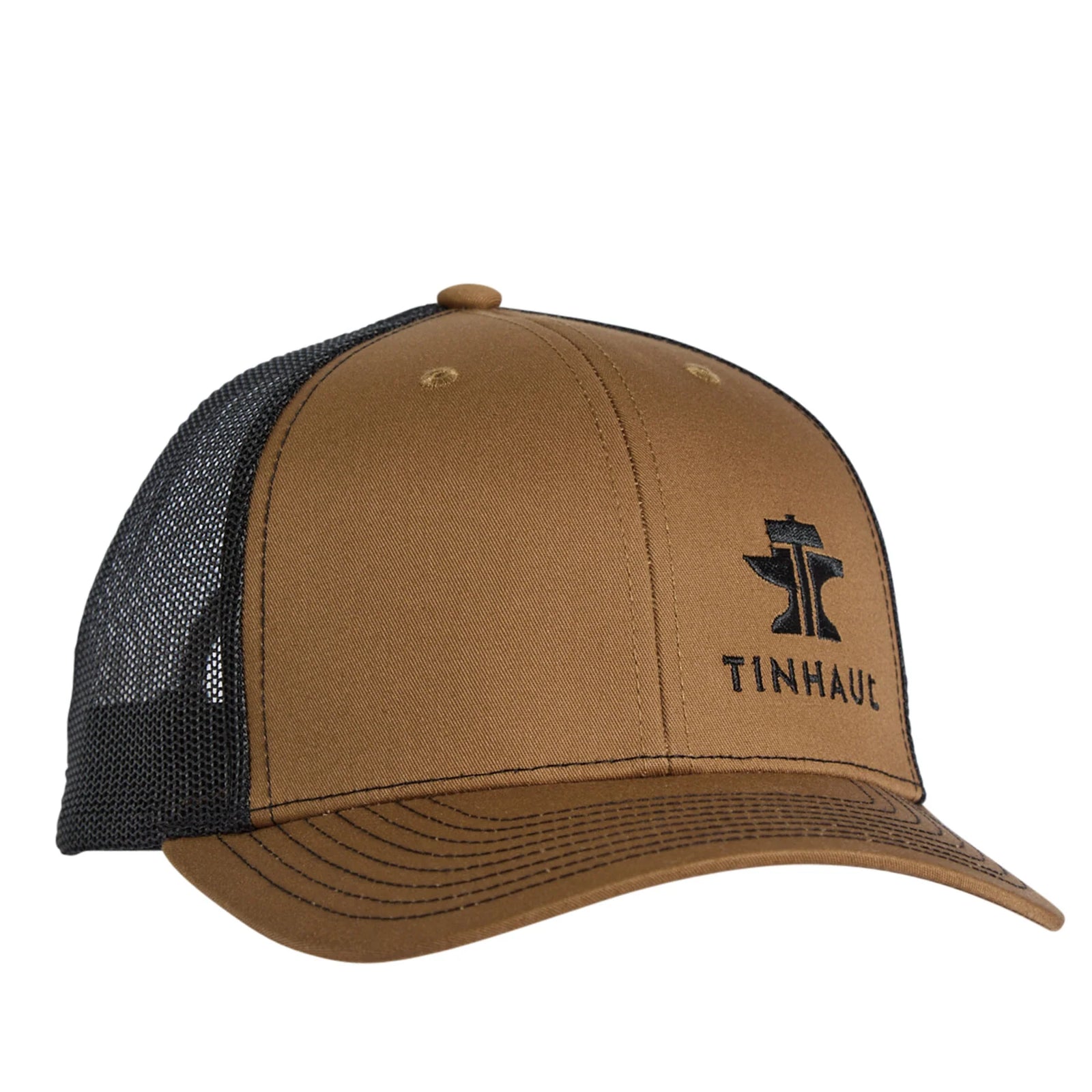 Brown and black cap with 'Tin haul' logo on a white background