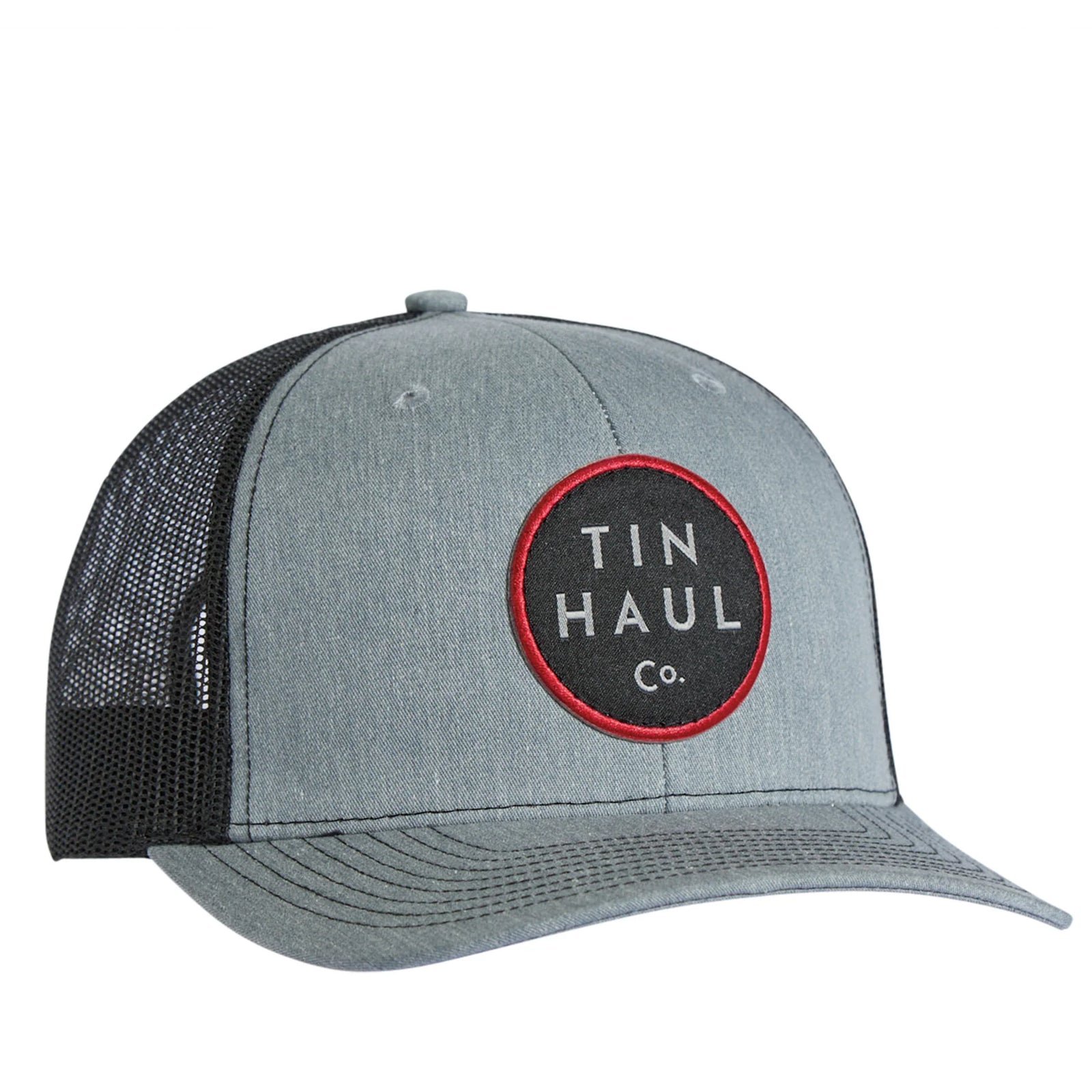 Gray trucker hat with black mesh back and 'Tin Haul Co.' logo on a white background