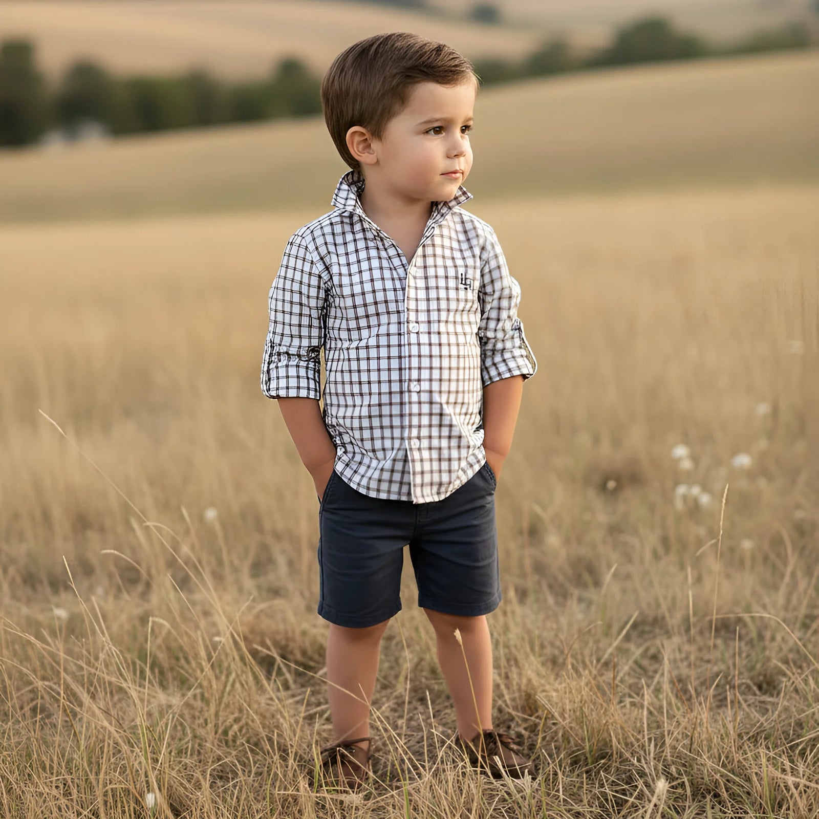 A young boy stands in a dry grassy field wearing a white and navy blue gingham check long-sleeve button-down shirt and navy blue shorts.