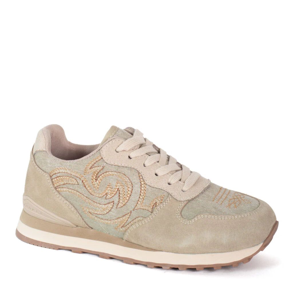 Beige sneaker with floral embroidery on a white background