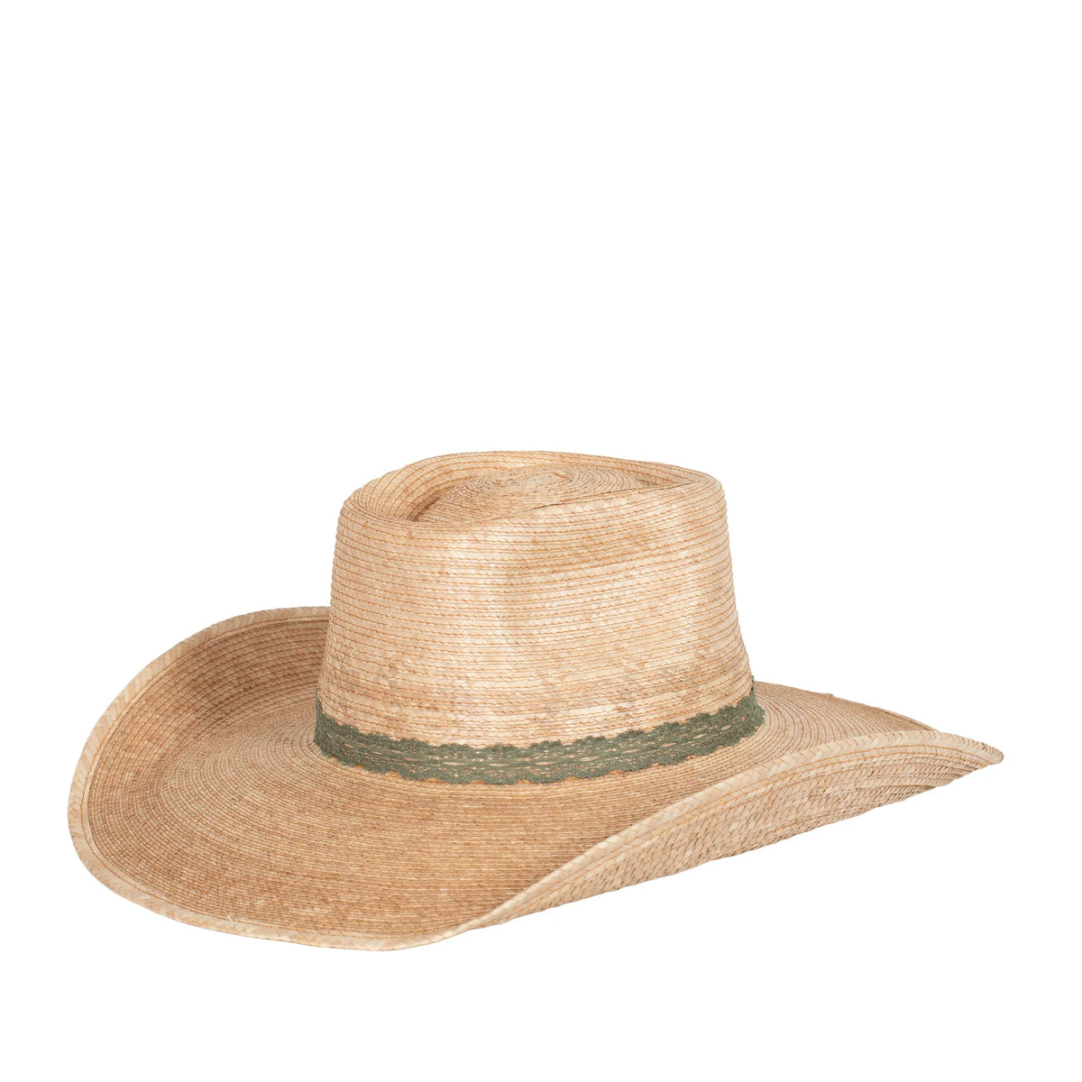 Straw hat with a green band on a white background