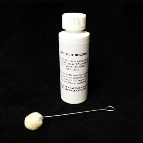 Barstow Tincture of Benzoin. A 4oz bottle of Barstow Tincture of Benzoin with a white label and a metal applicator with a cotton tip in front of it.