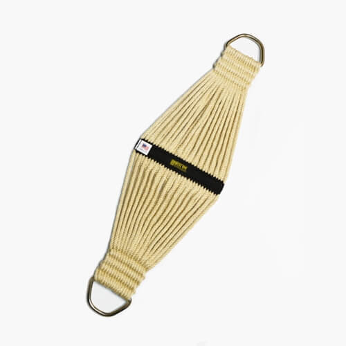 Barstow PRCA Cinch. A beige MOHAIR cinch designed for rodeo with a special &#39;D&#39; ring made of high strength steel, 8 inches wide at the center.