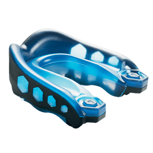 Shock Doctor Gel Max Mouthguard. A blue Shock Doctor Gel Max mouthguard with a black tether designed for sports protection.