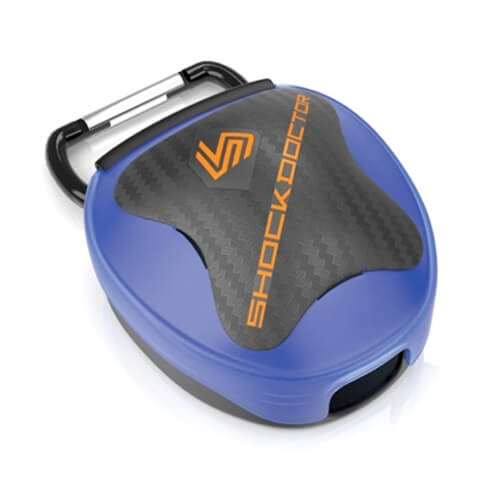 Shock Doctor Mouthguard Case. A Shock Doctor mouthguard case in blue color with a carabiner clip and the brand's logo on top.