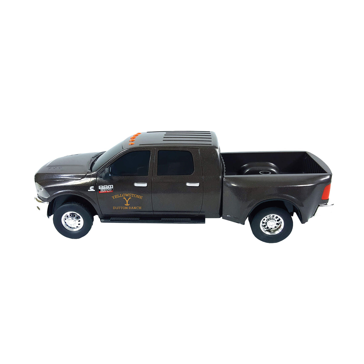 Big Country Toys Yellowstone John Dutton Ram Truck. A 1:20 scale replica toy of a John Dutton&#39;s Ram(R) 3500 Mega Cab Dually truck from the Yellowstone series. The toy has a working tailgate and features rubber mirrors.