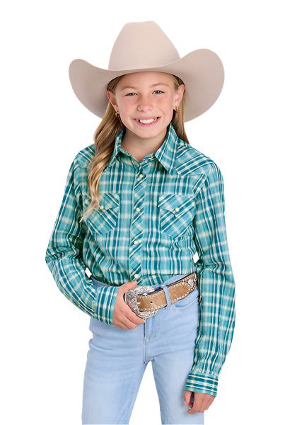 Roper Girl's West Made L/S Western Shirt. Young girl wearing a turquoise plaid shirt, light blue jeans, and a beige cowboy hat on a white background