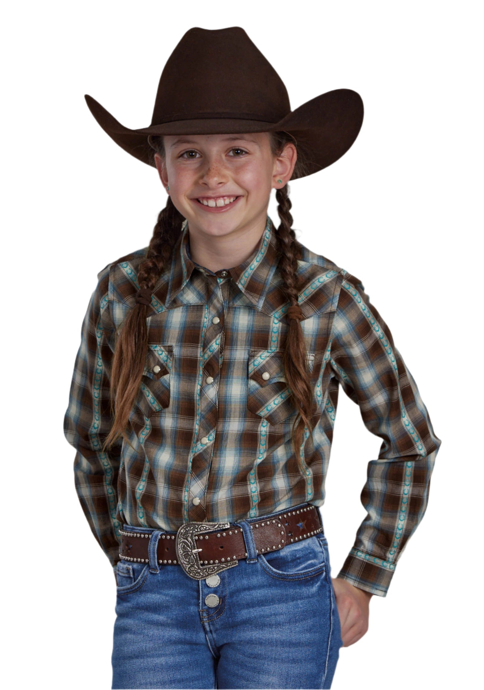 Roper Girl's West Made L/S Western Shirt. A girl wearing a long sleeve plaid western shirt with denim pants and a cowboy hat