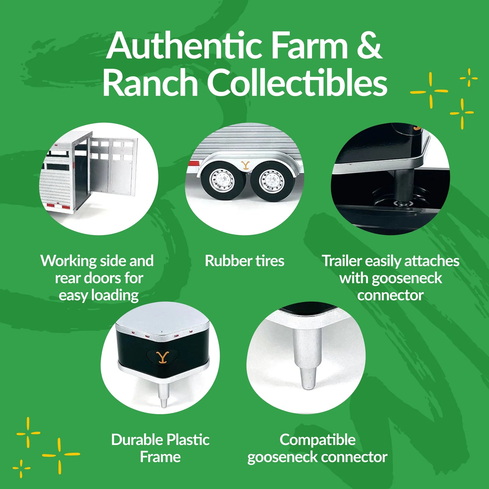 Big Country Toys Dutton Ranch Trailer. A 1:20 scale replica of a Dutton Ranch Horse Trailer toy, predominantly gray in color with red and white stripes on the sides, featuring detailed compartments and realistic textures.