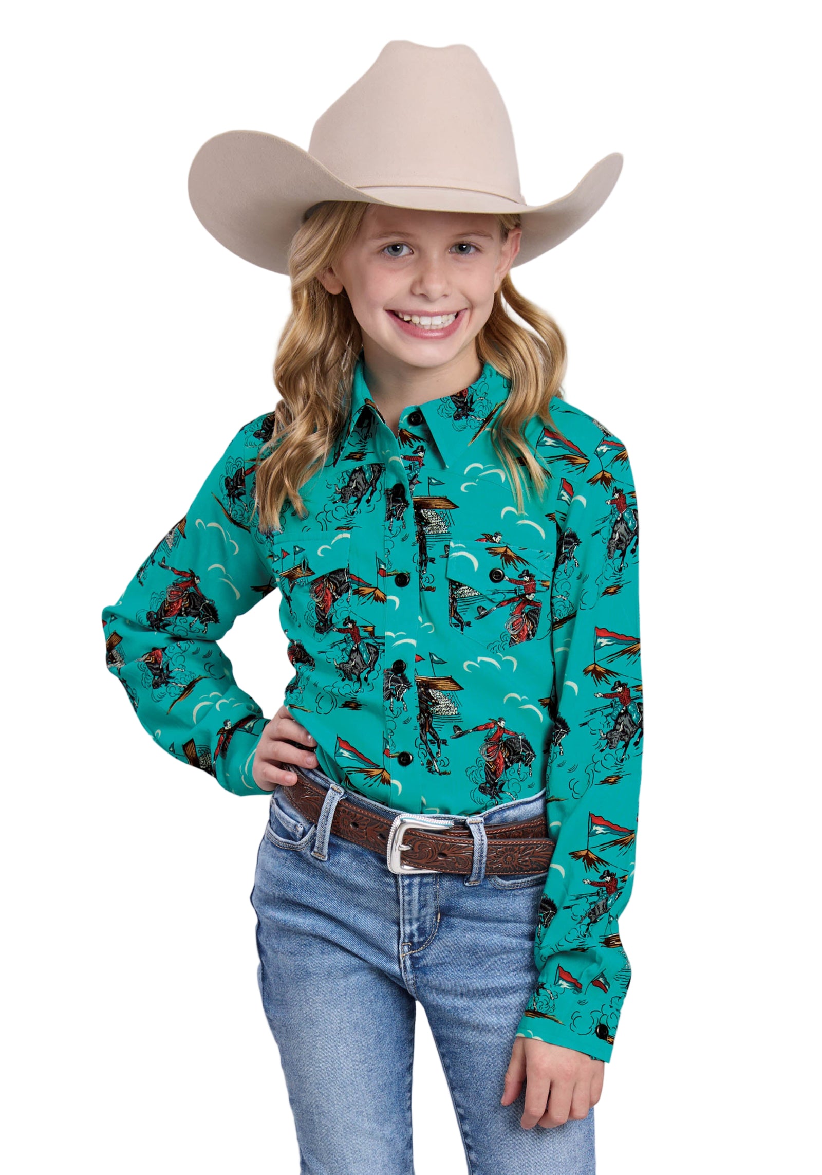 Roper Girl's Five Star L/S Western Shirt. Child wearing a teal cowboy shirt with horse print, jeans, and a beige cowboy hat on a light gray background
