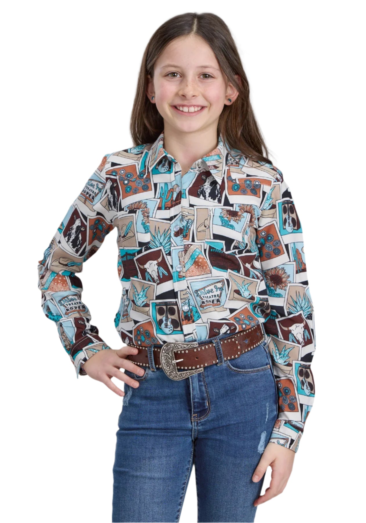 Roper Girl's Five Star Collection L/S Shirt. A girl wearing a long sleeve shirt with a geometric and western-themed print, in a western style blouse with front and back yokes and snap closures.