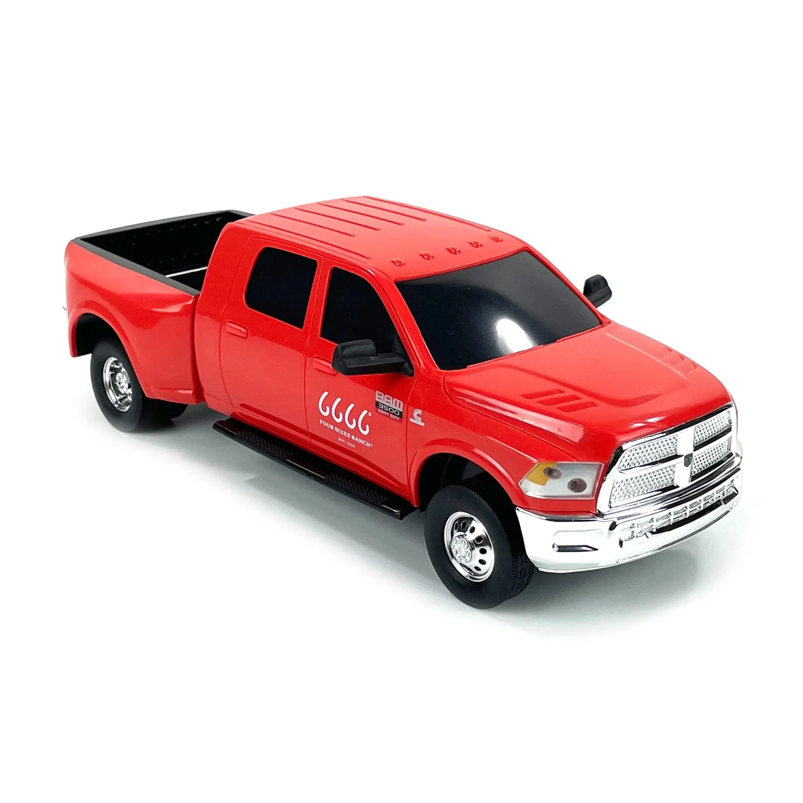 Big Country Toys Four Sixes Ranch Ram 3500 Mega Cab Dually. A red Big Country Toys 1:20 scale replica Ram 3500 Mega Cab Dually truck with a gooseneck connector.