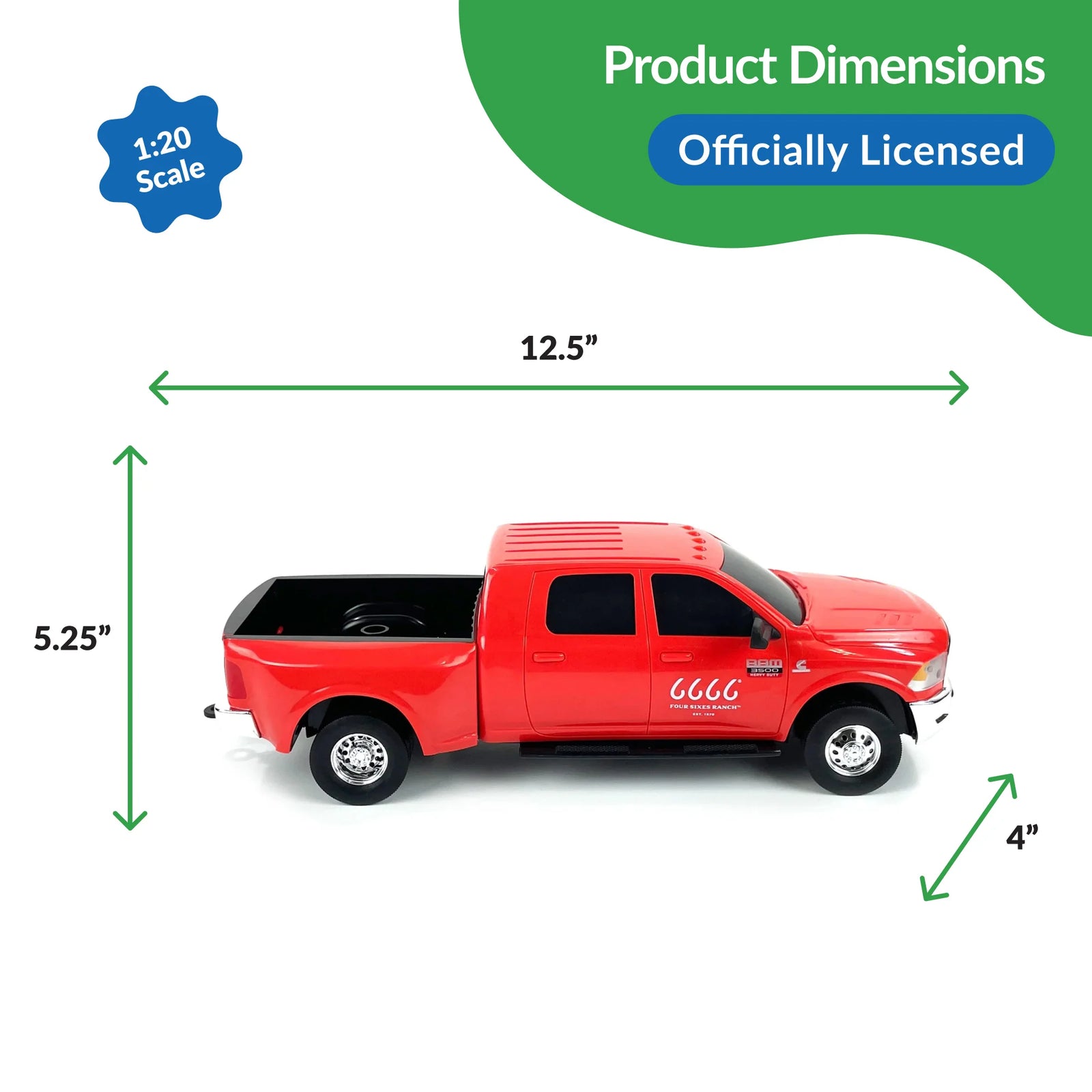 Big Country Toys Four Sixes Ranch Ram 3500 Mega Cab Dually. A red Big Country Toys 1:20 scale replica Ram 3500 Mega Cab Dually truck with a gooseneck connector.
