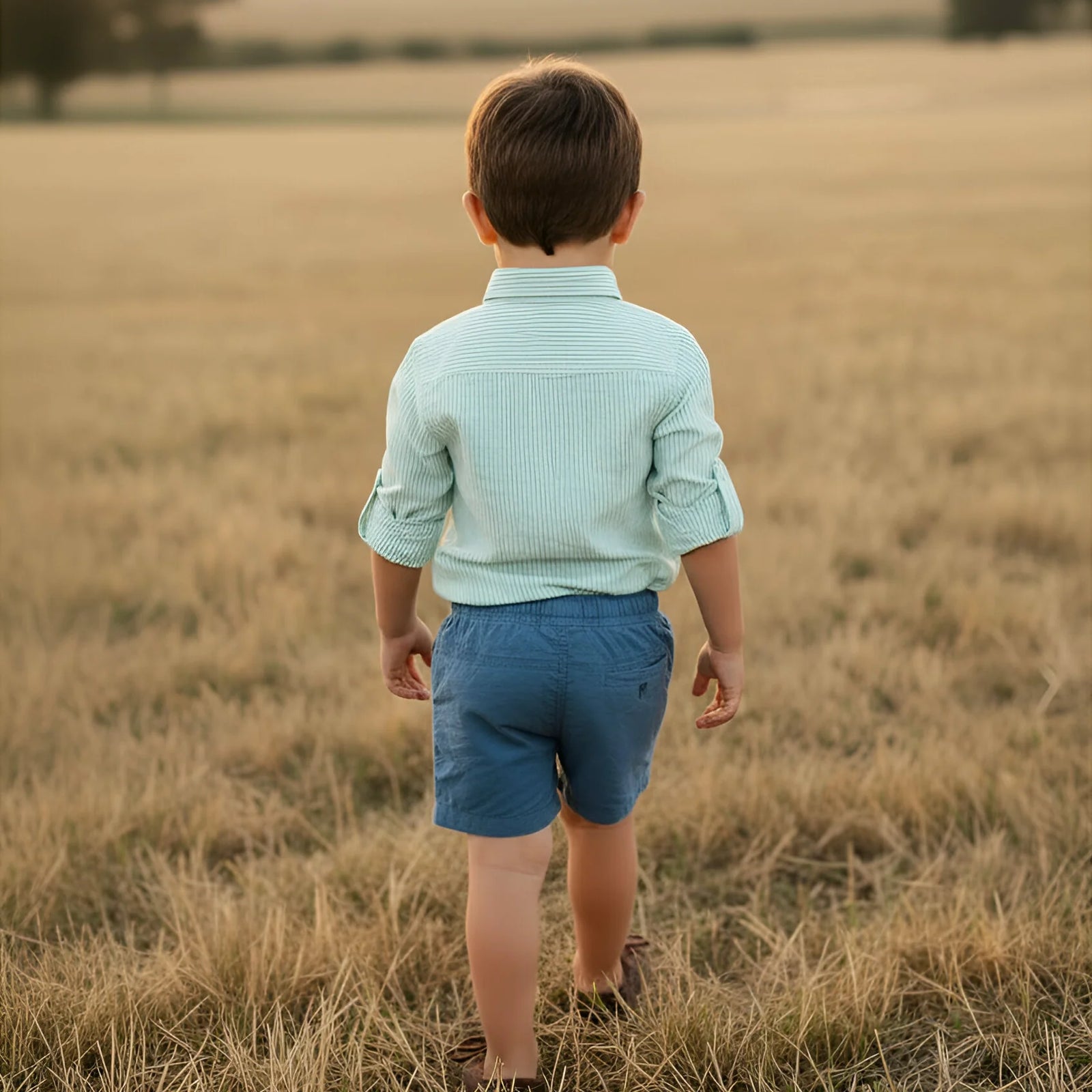 Child standing in a field with a scenic background