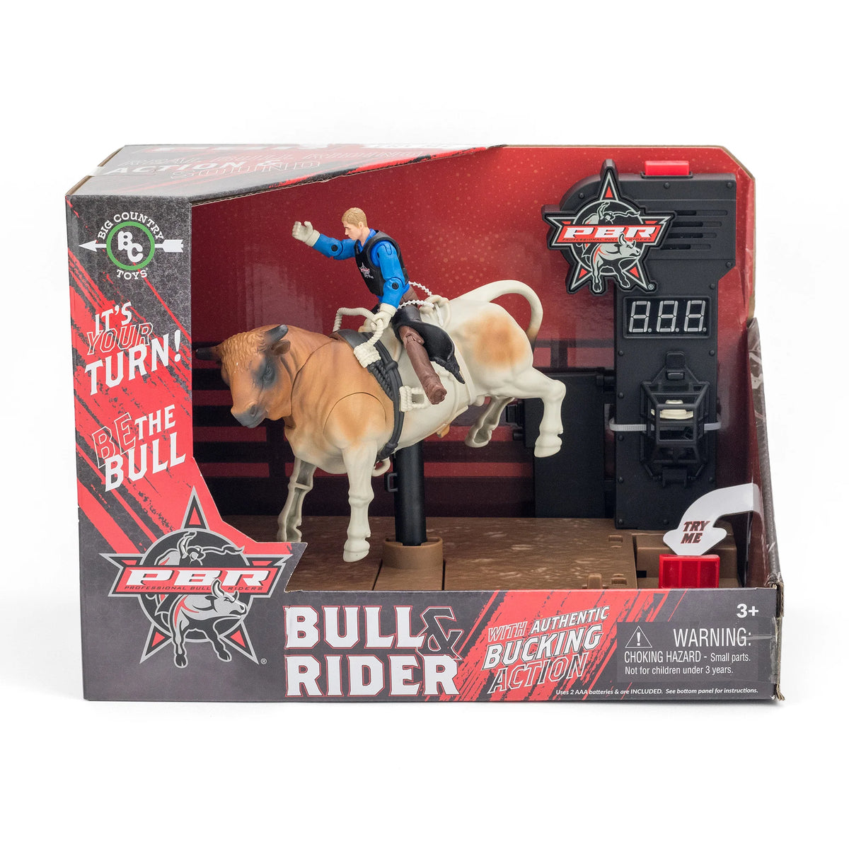 Toy bull and rider set in packaging with PBR branding