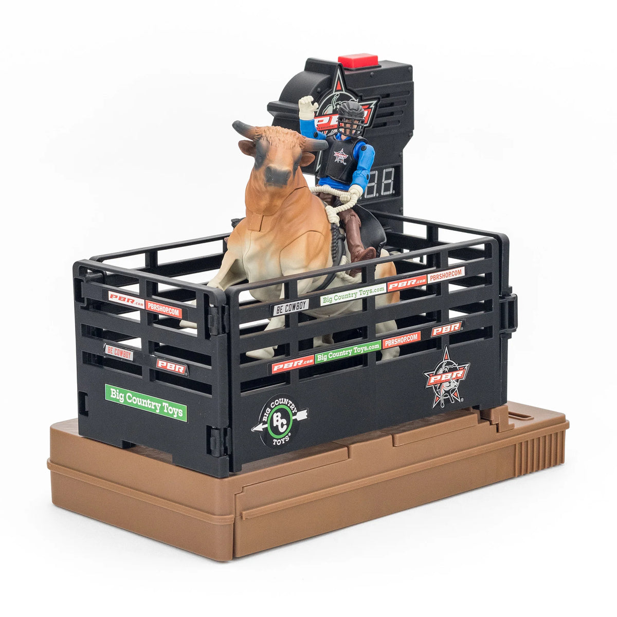 Toy set with a bull in a crate and a cowboy figure on a white background
