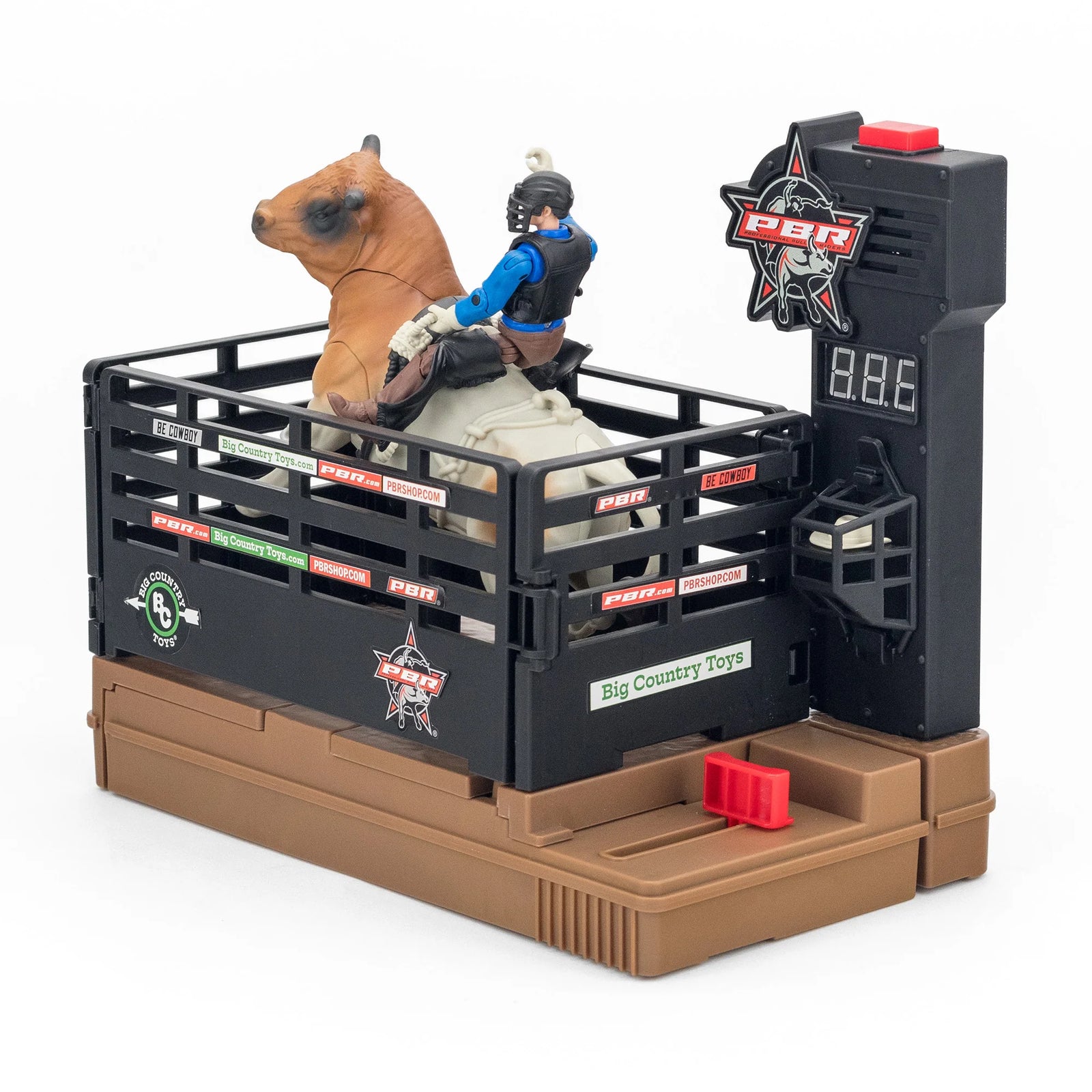 Toy set with a bull and rider in a pen, featuring PBR logos on a white background.