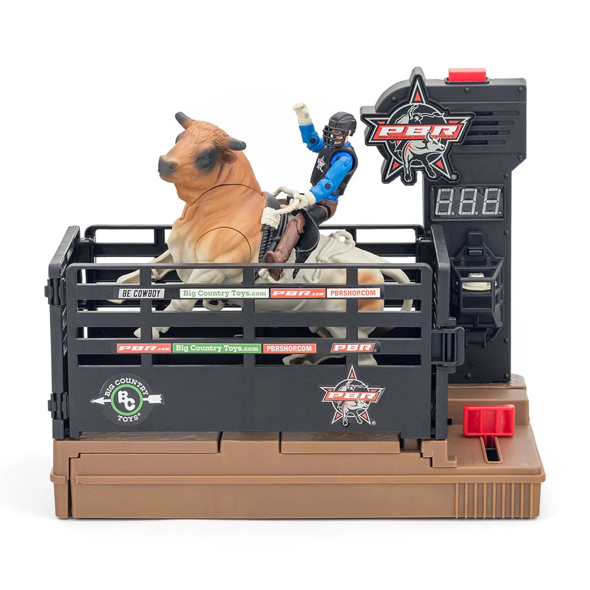 Toy set with a bull and cowboy figure on a mechanical bull simulator.