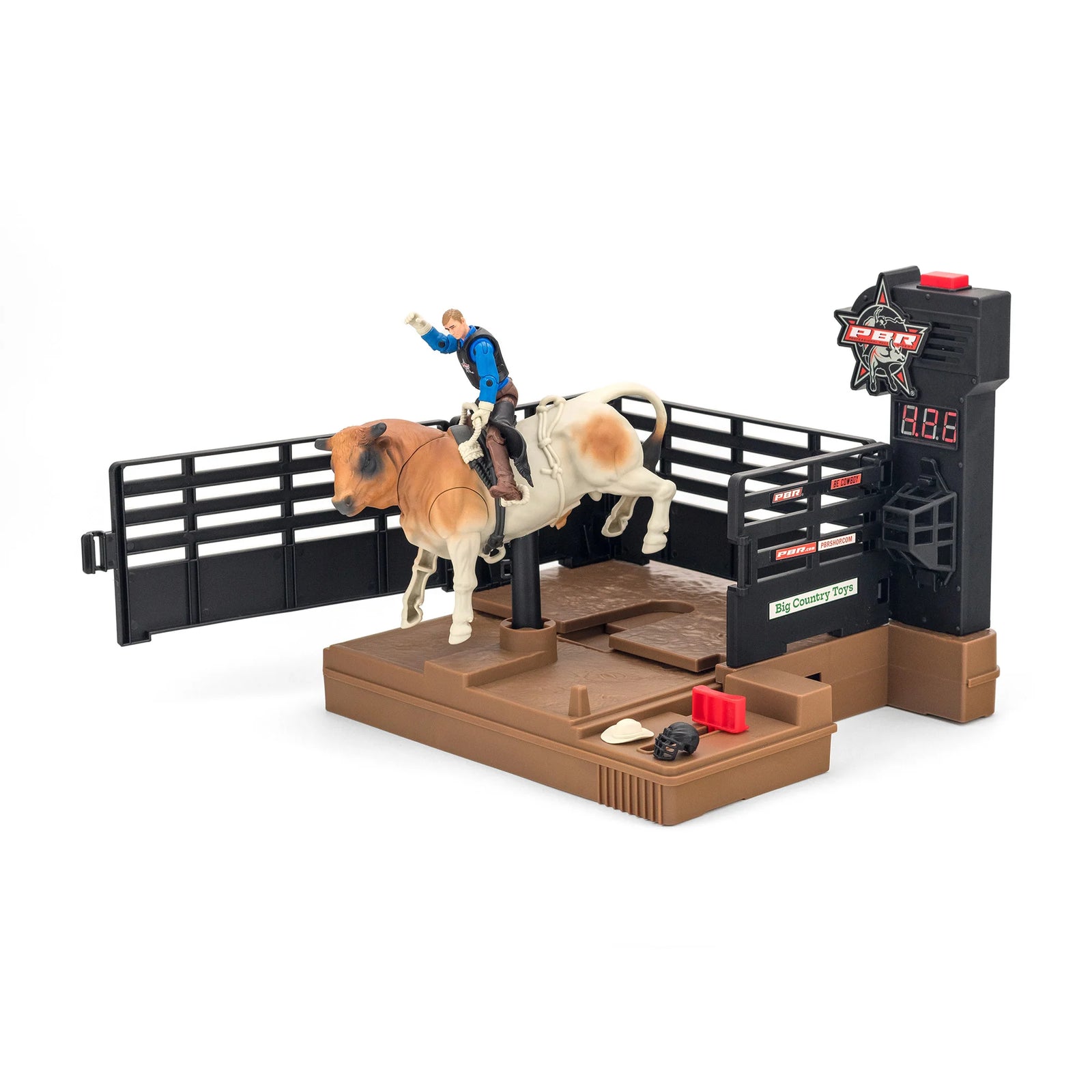 Toy set with a bull and cowboy figure on a mechanical bull simulator.