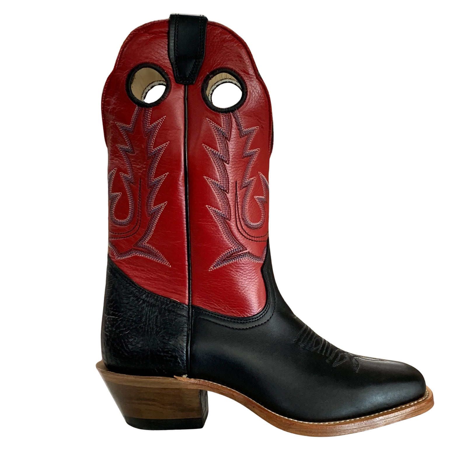 A western-style cowboy boot with a black leather lower section and a red leather shaft featuring stitched decorative patterns, shown against a plain white background.