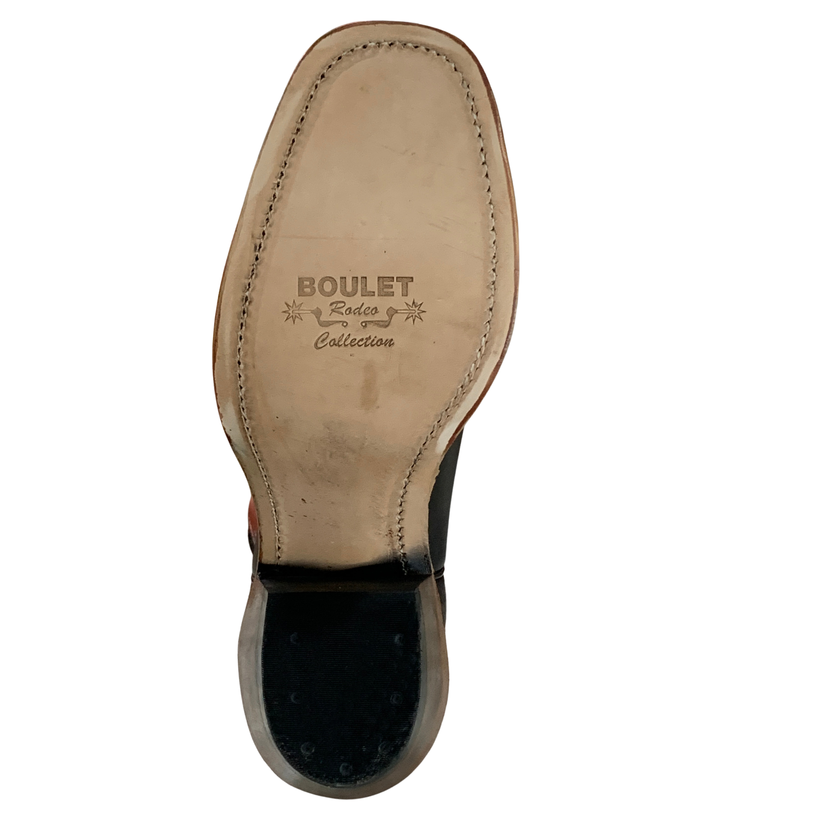 Top-down view of a shoe sole showing a tan insole with 'BOULET Bolden Collection' printed in black, and a black outsole.