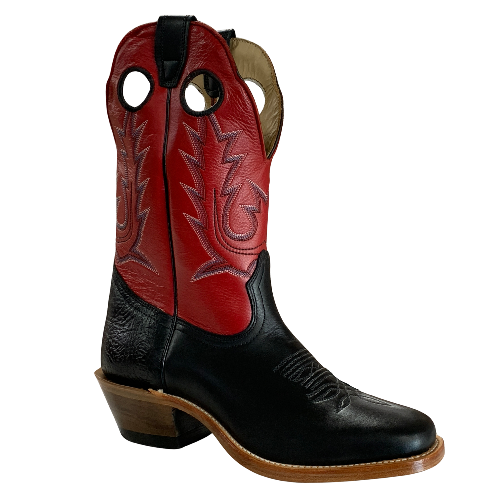 A western-style cowboy boot with a black leather lower section and a red leather shaft featuring stitched decorative patterns, shown against a plain white background.