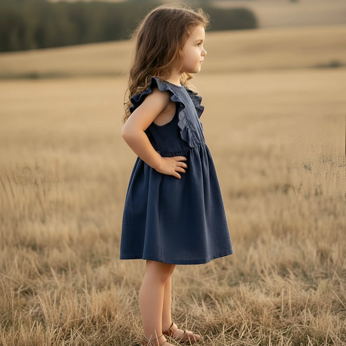 Young girl in a blue dress standing in a field during sunset.