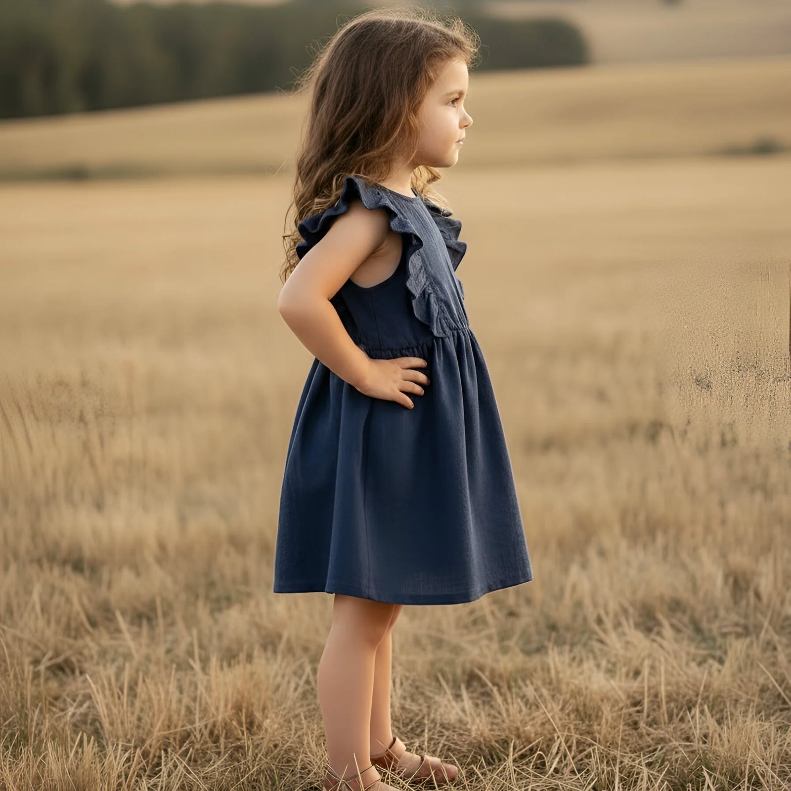 Young girl in a blue dress standing in a field during sunset.