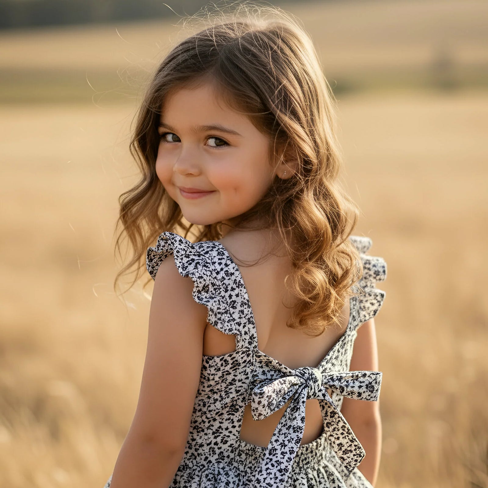 Young girl in a floral dress standing in a field with a blurred background