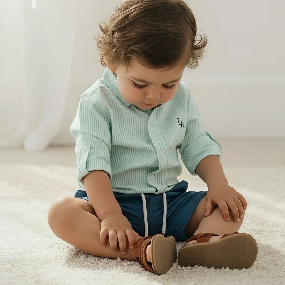 Child sitting on a carpeted floor wearing a light green shirt and blue shorts, looking at brown shoes.