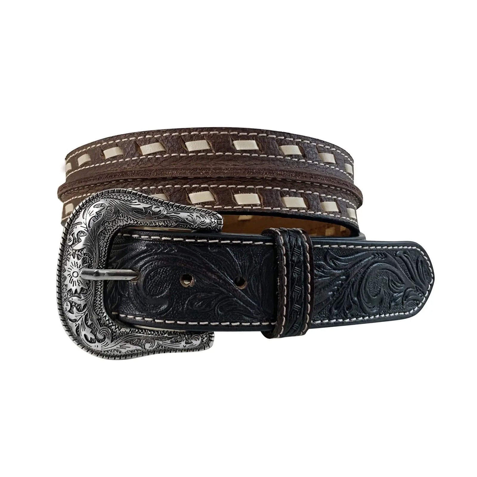 Roper Men's Buff Milled Western Belt. A men's western belt with a silver buckle and buff milled brown leather strap featuring cut edge seams and lacing details.