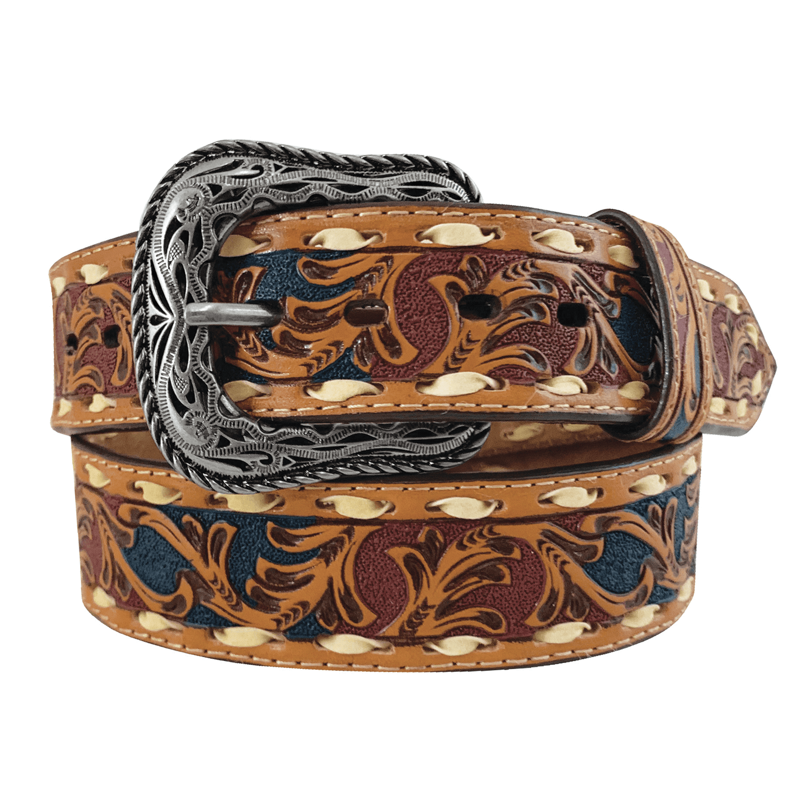 Roper Men's Painted Floral Western Belt. A men's belt with a painted floral design and a silver finish buckle.