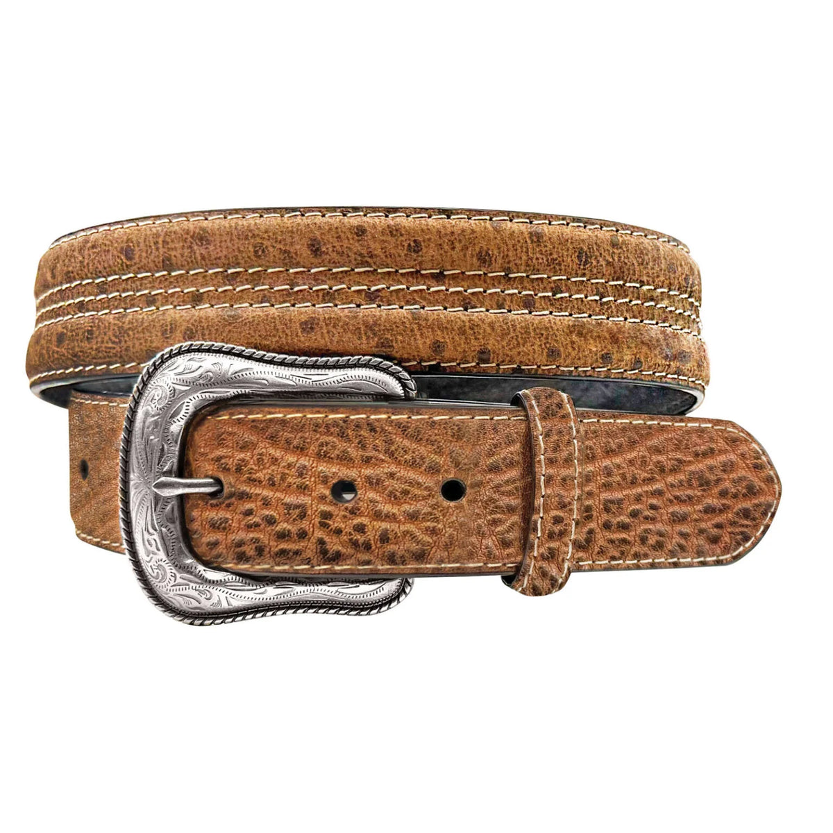 Brown leather belt with silver buckle on a white background