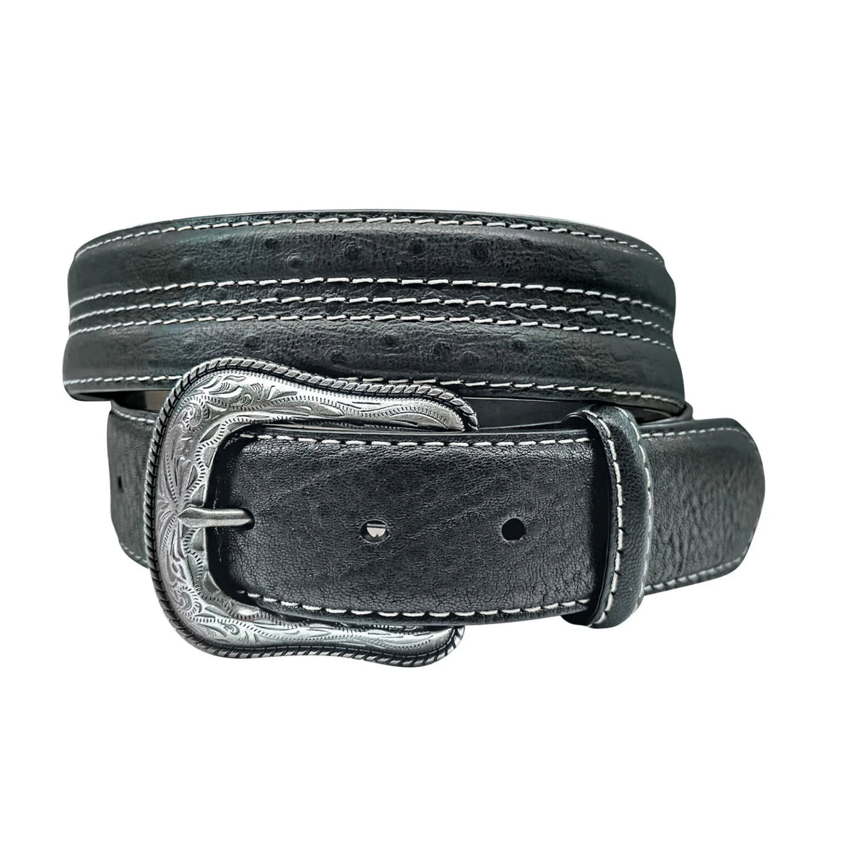 Black leather belt with silver buckle on a white background