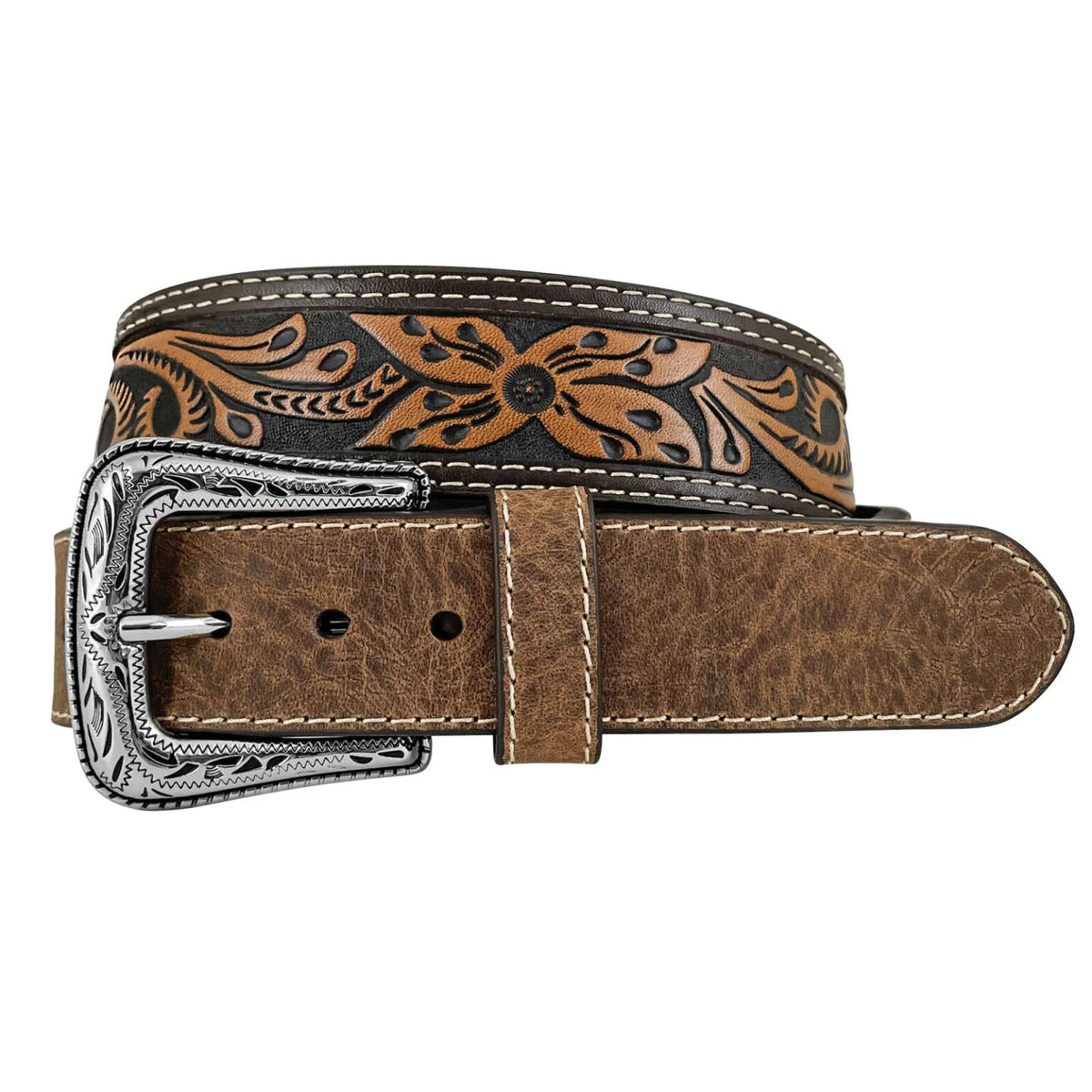 Brown leather belt with intricate designs and a silver buckle on a white background