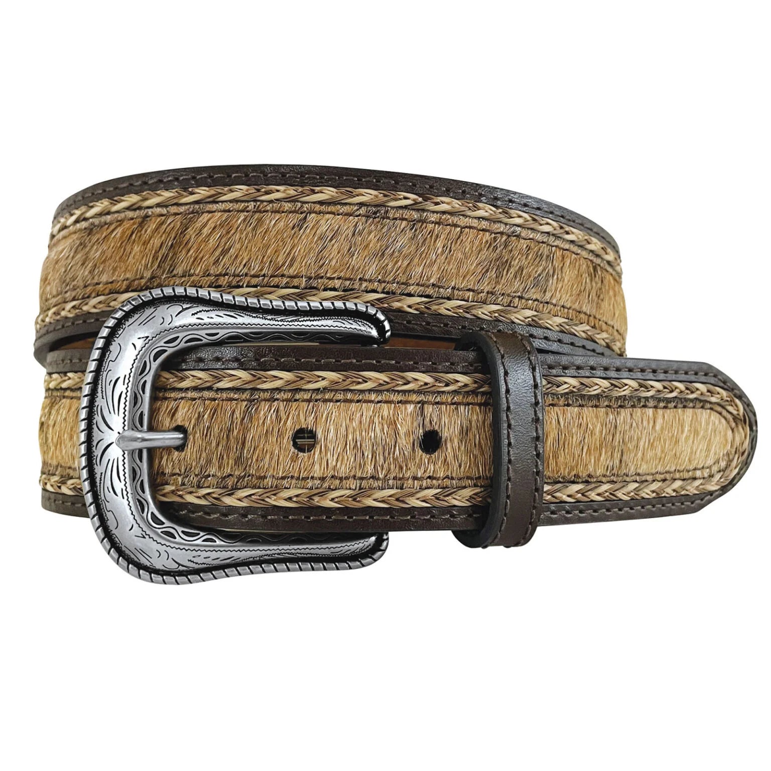 Brown leather belt with silver buckle on a white background