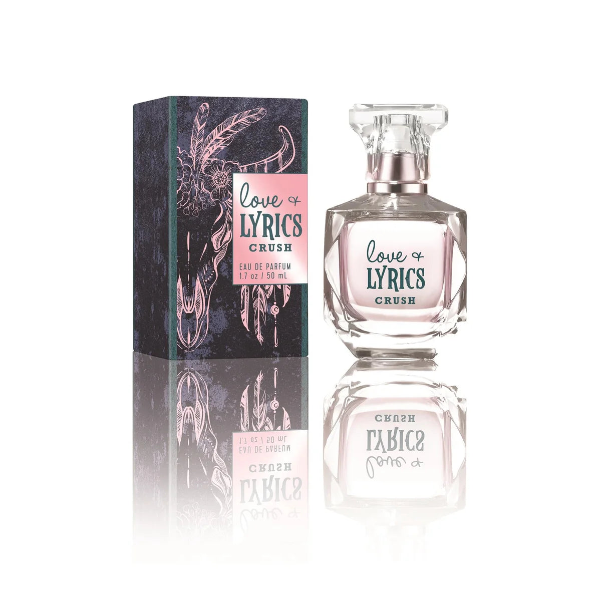 A bottle of Love of Lyrics Crush Eau de Parfum next to its packaging box, both featuring a pink and dark blue design with a dreamcatcher illustration, set against a clean white background with a reflection.