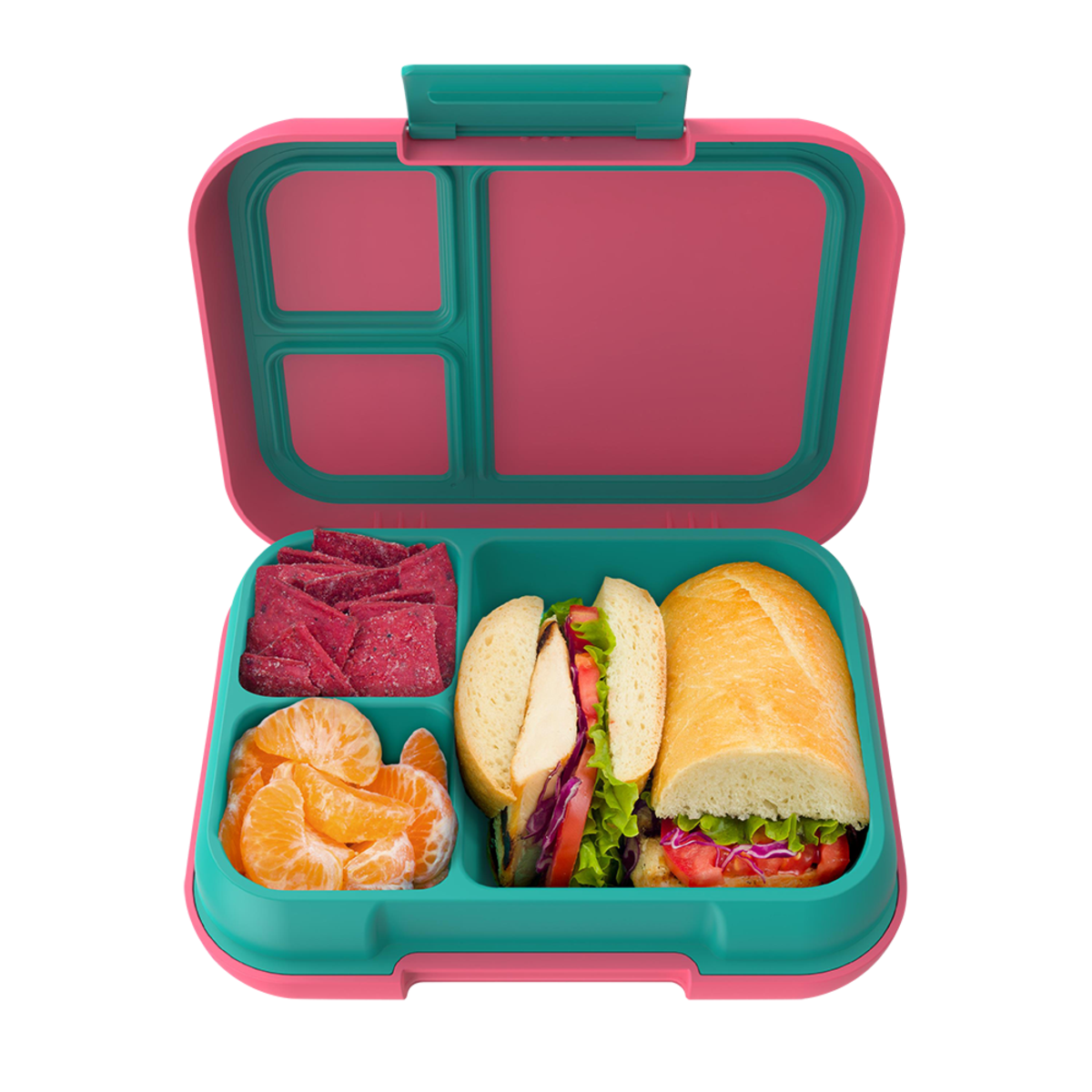 Bentgo Pop Lunch Box. Open lunch box with compartments containing a sandwich, fruit, and meat on a white background