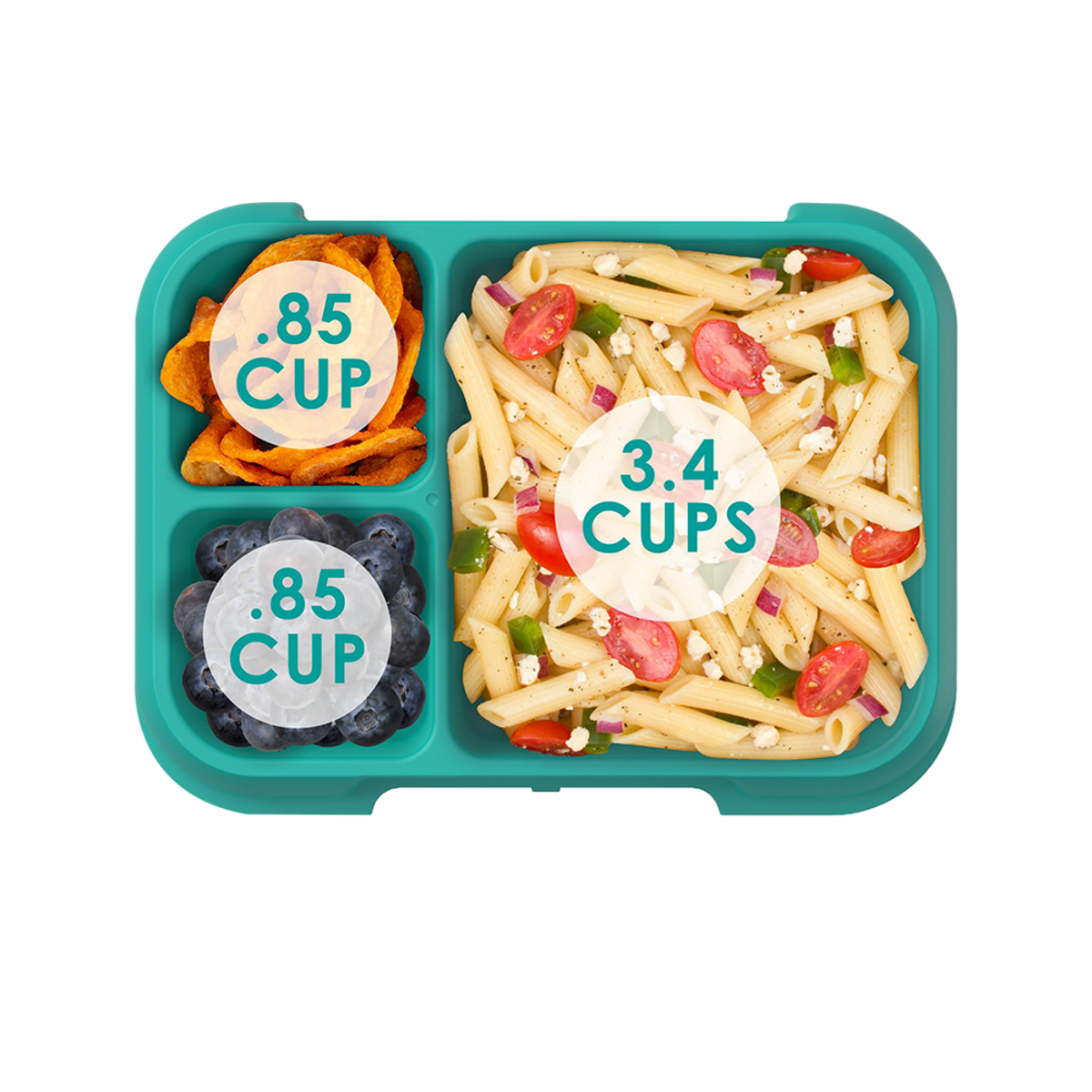 Bentgo Pop Lunch Box. Teal bento box with compartments labeled in cups, containing pasta salad, blueberries, and sweet potato chips.