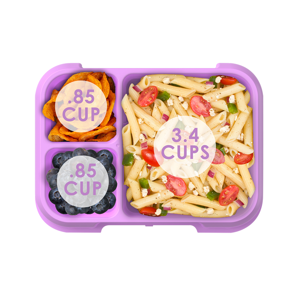 Bentgo Pop Lunch Box. Purple compartmentalized container with measurements for food portions on a white background