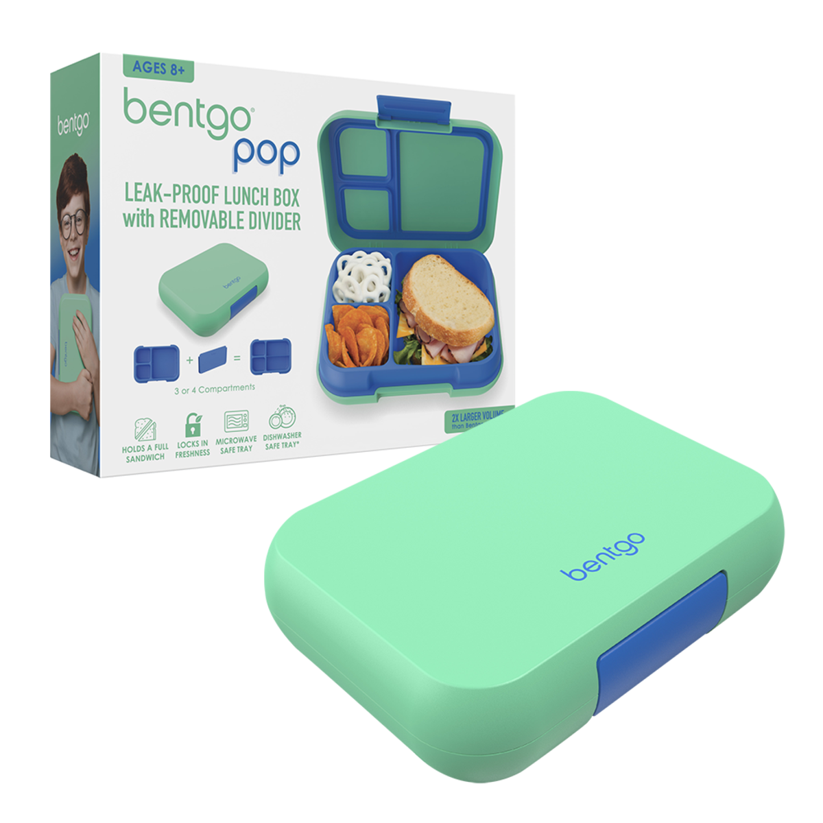 Bentgo Pop Lunch Box. Green lunch box with blue accents and packaging on a white background