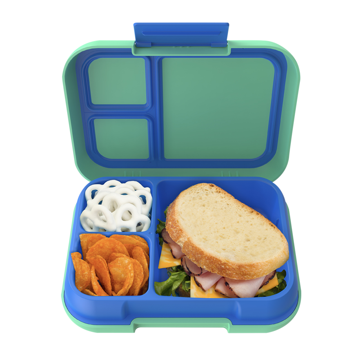 Bentgo Pop Lunch Box. Blue and green bento box with compartments containing a sandwich, chips, and other snacks on a white background.