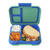Bentgo Pop Lunch Box. Blue and green bento box with compartments containing a sandwich, chips, and other snacks on a white background.