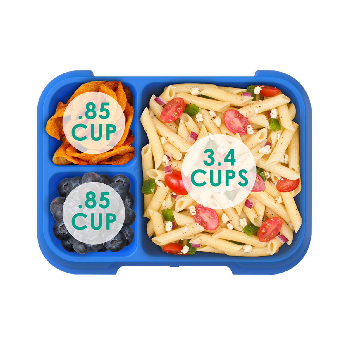 Bentgo Pop Lunch Box. Blue bento box with compartments labeled with portion sizes on a white background