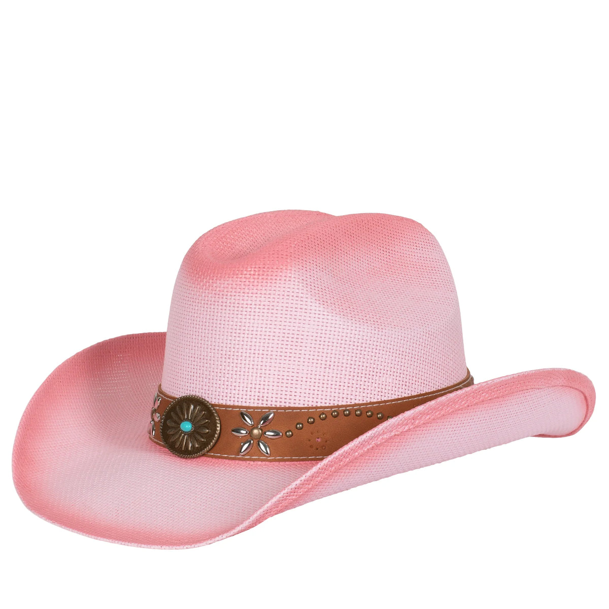 Pink cowboy hat with a brown band featuring a decorative buckle on a white background