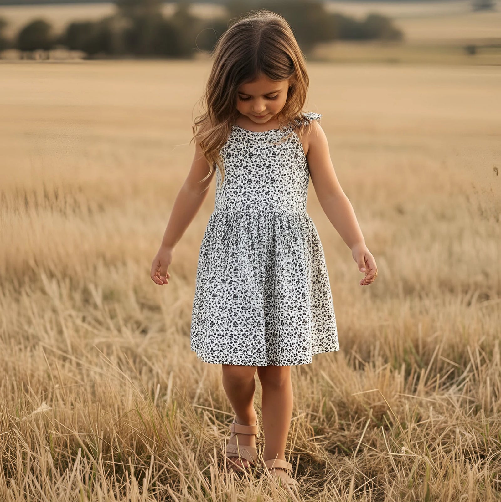 Young girl in a patterned dress standing in a field of tall grass with a scenic background.