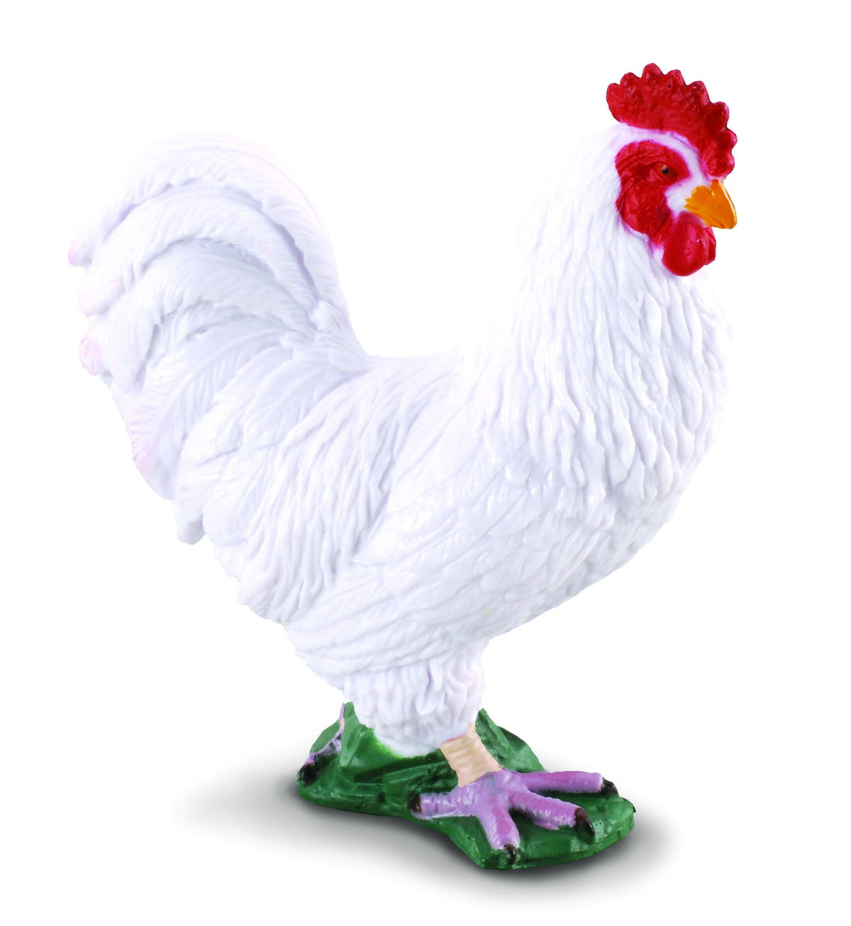 White rooster figurine with colorful head on a white background